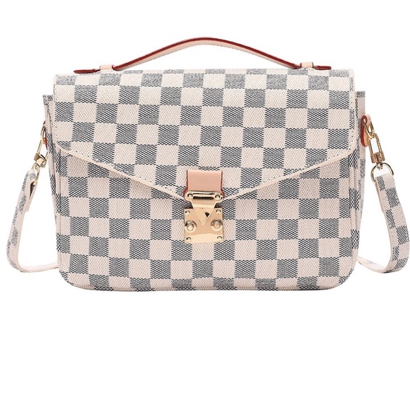 ‼️LAST ONE‼️🆕🌿CREAM/GRAY Leather Checkered Tote Crossbody Bag - Picture 6 of 17